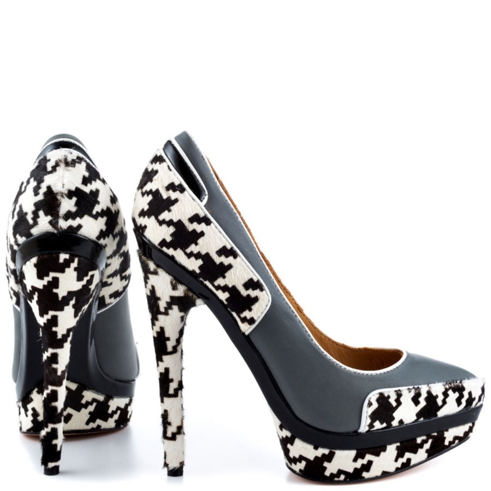 L.A.M.B pointed-toe with black and white houndstooth print pumps